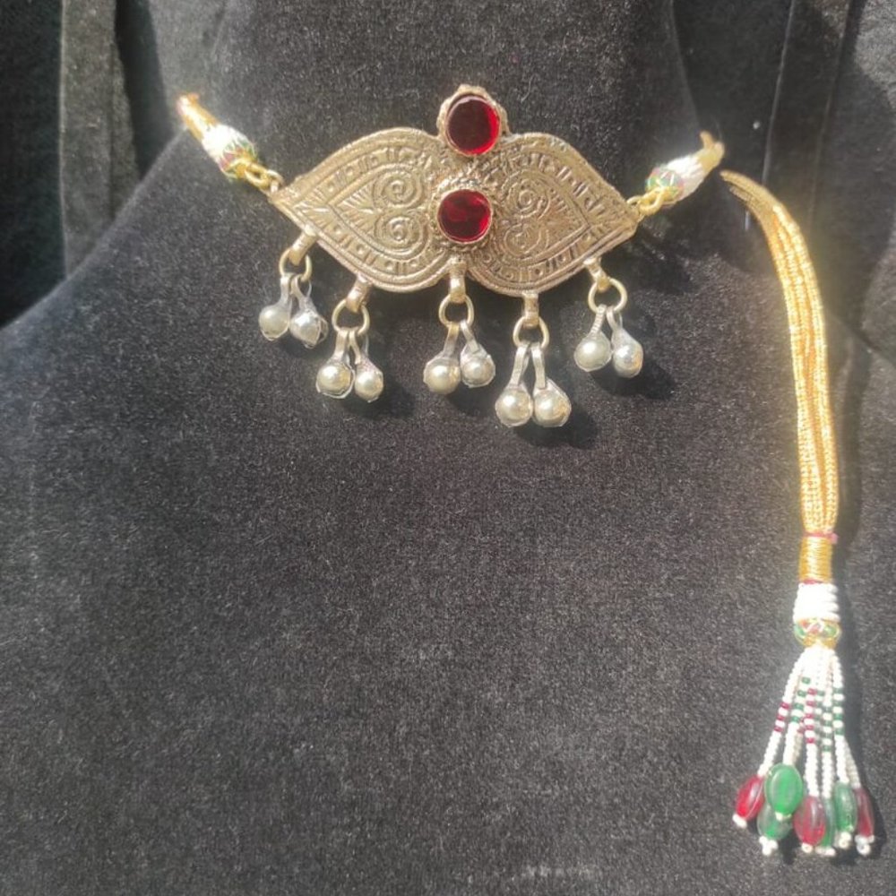Afghan Kuchi Choker Necklace: Vintage Tribal Bells, Red Glass Stones - Picture 4 of 8